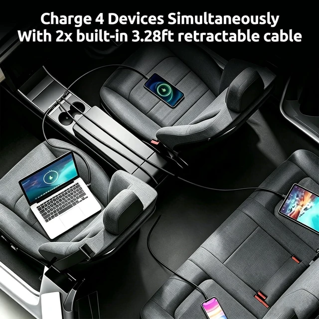 Alt view image 4 of 7 - USB Hub for Tesla Model Y/3 Center Console Charger Hub 4Port with Retractable 2X 3.3ft 65W Type-C Fast Charging Cable/30W USB-C Port Accessories for 2025-2026Model Y Juniper/2024-2026Model 3 Highland