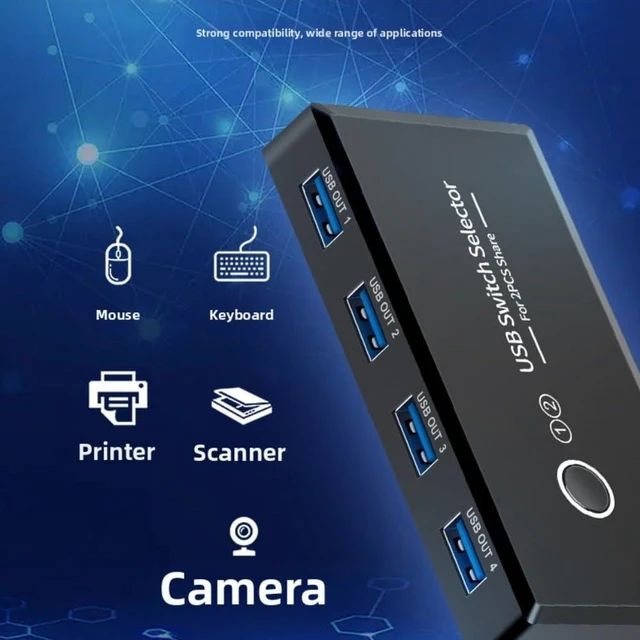 Alt view image 5 of 7 - 4 Port USB 3.0 Switcher 2 Output, Fast File Sharing Box for Multiple Devices, Manual Selector Hub for Mouse Keyboard Scanner, Space Saving Design for Desk