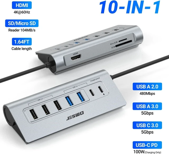 Alt view image 2 of 7 - USB C Hub, JESWO 10-in-1 USB C Hub Multiport Adapter with 4K HDMI, PD 100W, Type-C and 2 USB A 3.0 5Gbps, 3 USB A 2.0, SD/TF Card Reader, Aluminum USB Hub for PC, MacBook Air/Pro iPad Laptop (Gray)
