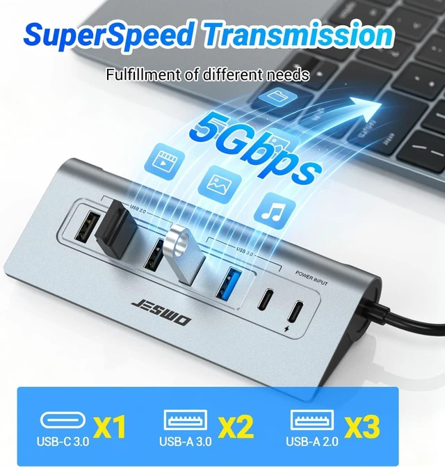 Alt view image 5 of 7 - USB C Hub, JESWO 10-in-1 USB C Hub Multiport Adapter with 4K HDMI, PD 100W, Type-C and 2 USB A 3.0 5Gbps, 3 USB A 2.0, SD/TF Card Reader, Aluminum USB Hub for PC, MacBook Air/Pro iPad Laptop (Gray)