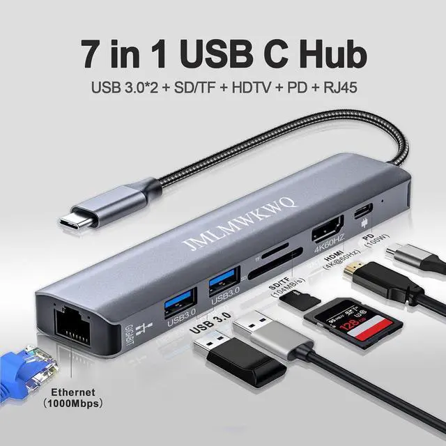 Alt view image 2 of 7 - 7-in-1 USB C Multiport Dock, 4K 60Hz HDMI Output, 100W PD Power Delivery, Gigabit Ethernet, 2xUSB 3.0, TF/SD Card Reader Type C Adapter for MacBook iPad Pro Windows Laptop