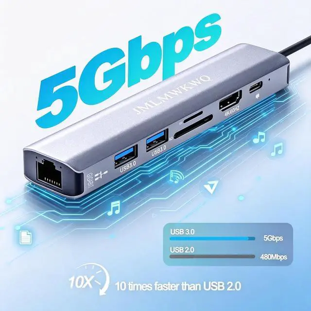 Alt view image 4 of 7 - 7-in-1 USB C Multiport Dock, 4K 60Hz HDMI Output, 100W PD Power Delivery, Gigabit Ethernet, 2xUSB 3.0, TF/SD Card Reader Type C Adapter for MacBook iPad Pro Windows Laptop