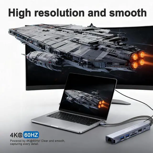 Alt view image 3 of 7 - 7-in-1 USB C Multiport Dock, 4K 60Hz HDMI Output, 100W PD Power Delivery, Gigabit Ethernet, 2xUSB 3.0, TF/SD Card Reader Type C Adapter for MacBook iPad Pro Windows Laptop