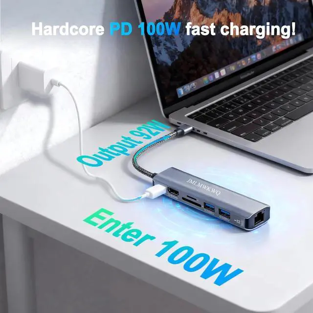 Alt view image 5 of 7 - 7-in-1 USB C Multiport Dock, 4K 60Hz HDMI Output, 100W PD Power Delivery, Gigabit Ethernet, 2xUSB 3.0, TF/SD Card Reader Type C Adapter for MacBook iPad Pro Windows Laptop