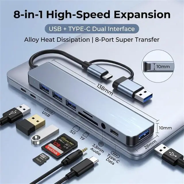 Alt view image 3 of 4 - 8 in 1 USB C Hub Expander Multiport Adapter Type C Splitter Dock USB 3 Port for Phone Tablet Fast Data Transfer Charging