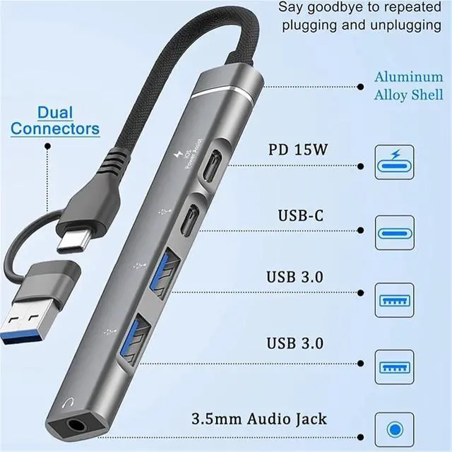 Alt view image 5 of 7 - Type-C to 3.5mm Audio Adapter OTG USB hub to Laptop Universal Computer Docking Station Splitter for pc cmultiport Adapter(Gray)