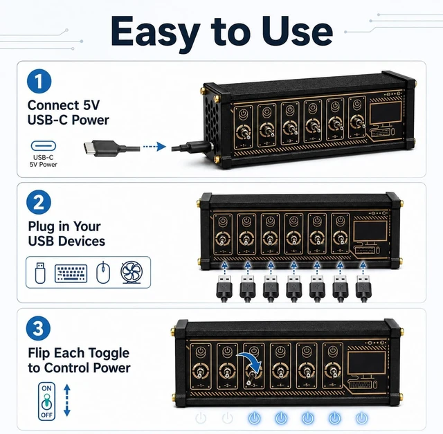 Alt view image 7 of 7 - TsoLay 6 Port USB Switcher, Retro USB Docking Station with LED Display and Power Indicator, Independent Control, Data Transmission USB Hub Retro for Phones, Tablets, Gadgets