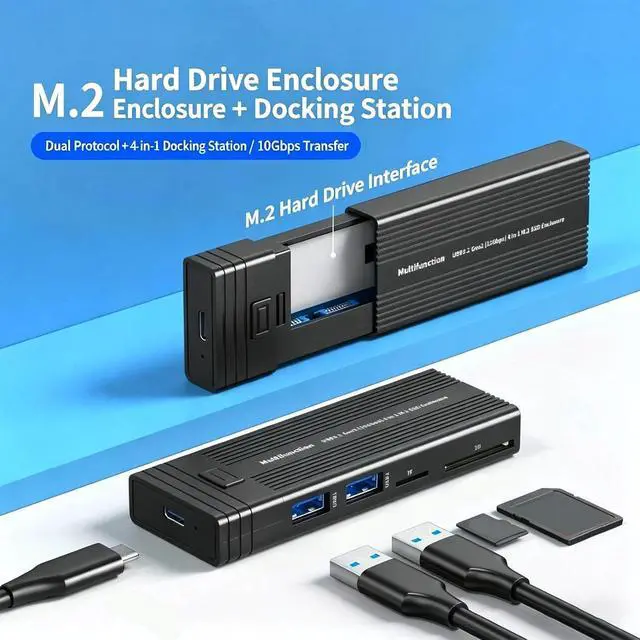 Alt view image 7 of 7 - Portable NVMe SSD Enclosure with USB C 10Gbps and Card Slots for 2230-2280 Drives Fast Speed Drive Dock