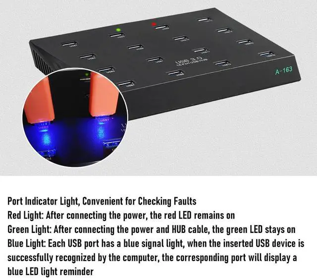 Alt view image 3 of 7 - 16 Port USB 3.0 Hub, 5Gbps High Speed Data Transfer Industrial Grade USB Hub with Short Circuit Protection and LED Indicators, for Flash Drive Card Reader Portable Hard Drive (US Plug)