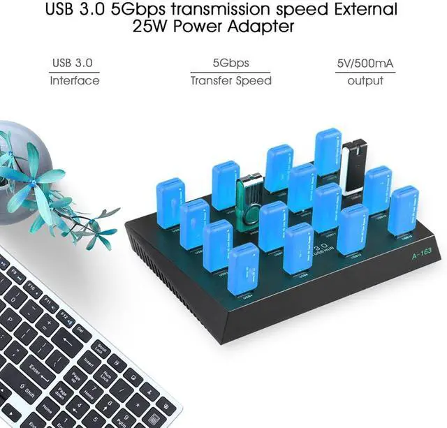 Alt view image 5 of 7 - 16 Port USB 3.0 Hub, 5Gbps High Speed Data Transfer Industrial Grade USB Hub with Short Circuit Protection and LED Indicators, for Flash Drive Card Reader Portable Hard Drive (US Plug)