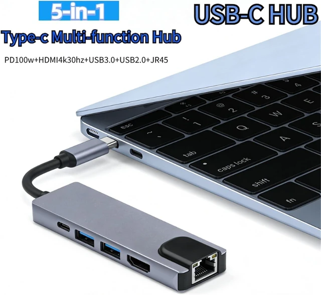 Alt view image 2 of 7 - 5 in 1 Type C Hub Adapter PD Charging with RJ45 Network 100M Ethernet HDMI Port USB C Docking Station for Laptop Computer