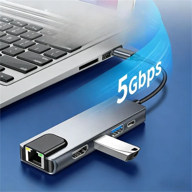 Alt view image 3 of 7 - 5 in 1 Type C Hub Adapter PD Charging with RJ45 Network 100M Ethernet HDMI Port USB C Docking Station for Laptop Computer