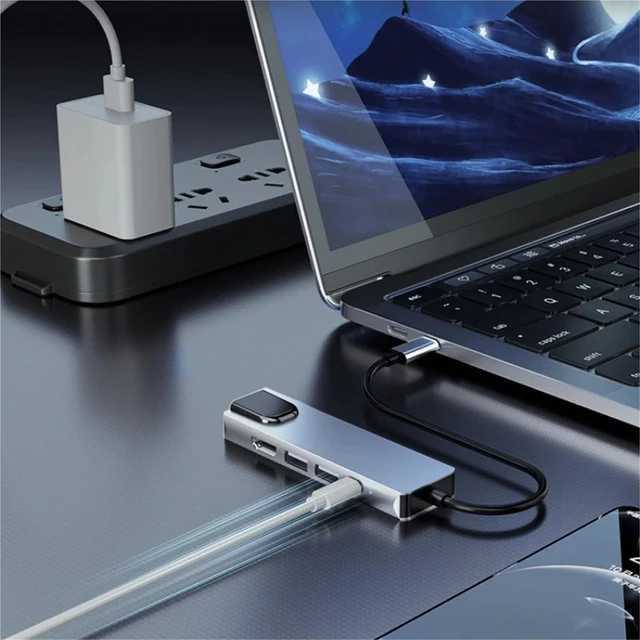 Alt view image 5 of 7 - 5 in 1 Type C Hub Adapter PD Charging with RJ45 Network 100M Ethernet HDMI Port USB C Docking Station for Laptop Computer