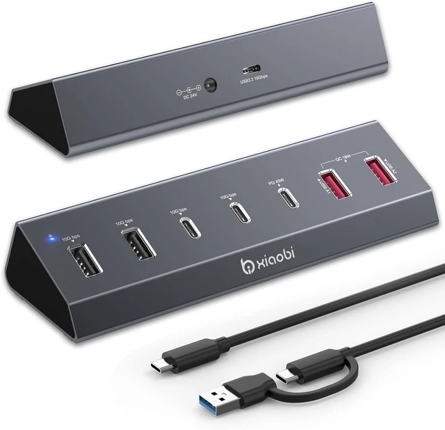 Main image of Powered USB Hub, 7-Port Aluminum USB C Hub with 2*USB-A 3.2, 2*USB-C 3.2 and 2*QC 18W+1*PD 45W Ports, USB Extension with 24V/3A Power Adapter for MacBook, PC and More.