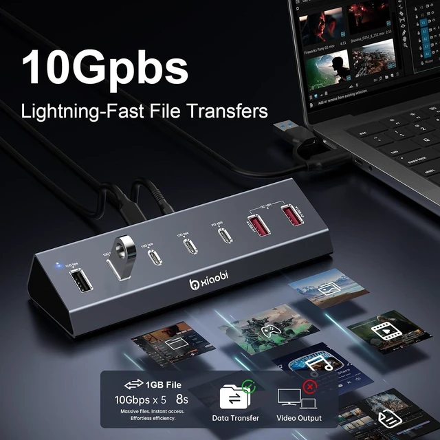 Alt view image 3 of 7 - Powered USB Hub, 7-Port Aluminum USB C Hub with 2*USB-A 3.2, 2*USB-C 3.2 and 2*QC 18W+1*PD 45W Ports, USB Extension with 24V/3A Power Adapter for MacBook, PC and More.