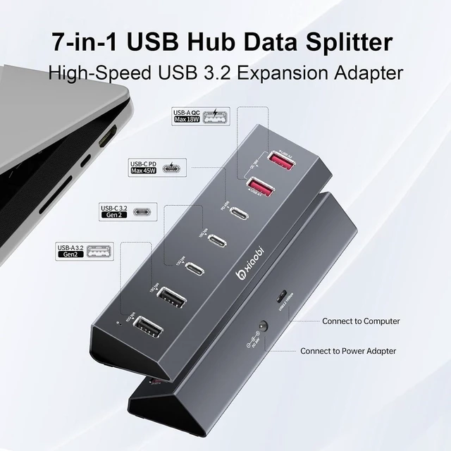 Alt view image 2 of 7 - Powered USB Hub, 7-Port Aluminum USB C Hub with 2*USB-A 3.2, 2*USB-C 3.2 and 2*QC 18W+1*PD 45W Ports, USB Extension with 24V/3A Power Adapter for MacBook, PC and More.