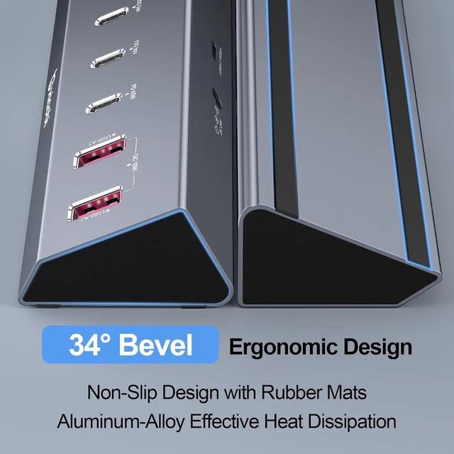 Alt view image 6 of 7 - Powered USB Hub, 7-Port Aluminum USB C Hub with 2*USB-A 3.2, 2*USB-C 3.2 and 2*QC 18W+1*PD 45W Ports, USB Extension with 24V/3A Power Adapter for MacBook, PC and More.