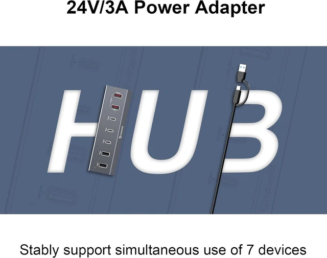 Alt view image 7 of 7 - Powered USB Hub, 7-Port Aluminum USB C Hub with 2*USB-A 3.2, 2*USB-C 3.2 and 2*QC 18W+1*PD 45W Ports, USB Extension with 24V/3A Power Adapter for MacBook, PC and More.