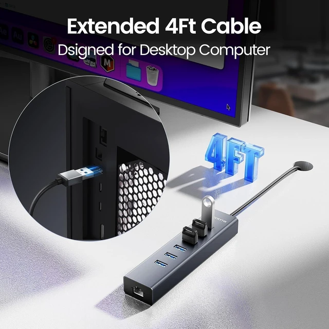 Alt view image 2 of 7 - USB to Ethernet Adapter, 4Ft USB Hub with RJ45 10/100/1000 Gigabit Ethernet & 6 USB-A Ports, Aluminium 5Gbps USB Extender Hub, USB Splitter, for Desktop, PC, Flash Drive, Mobile HDD SSD