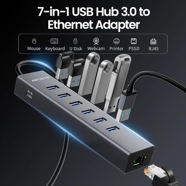Alt view image 5 of 7 - USB to Ethernet Adapter, 4Ft USB Hub with RJ45 10/100/1000 Gigabit Ethernet & 6 USB-A Ports, Aluminium 5Gbps USB Extender Hub, USB Splitter, for Desktop, PC, Flash Drive, Mobile HDD SSD
