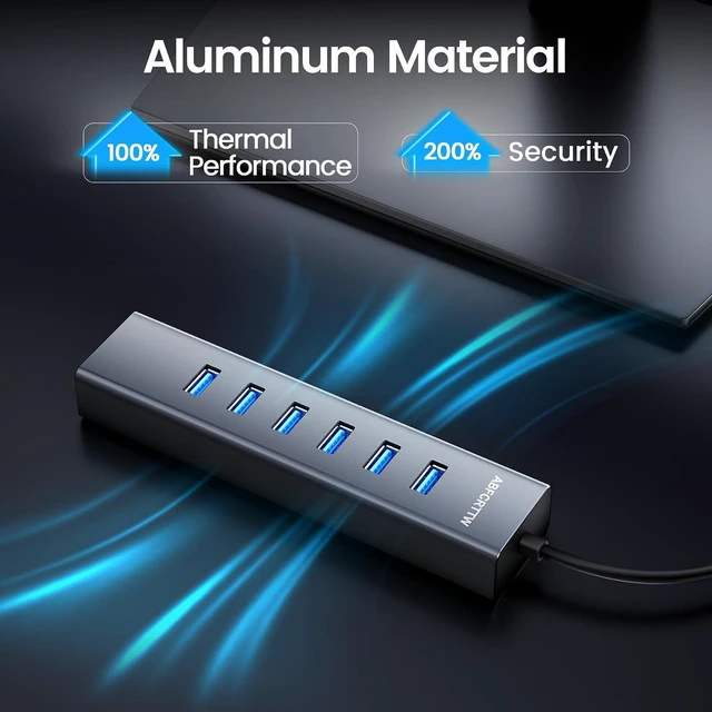 Alt view image 7 of 7 - USB to Ethernet Adapter, 4Ft USB Hub with RJ45 10/100/1000 Gigabit Ethernet & 6 USB-A Ports, Aluminium 5Gbps USB Extender Hub, USB Splitter, for Desktop, PC, Flash Drive, Mobile HDD SSD