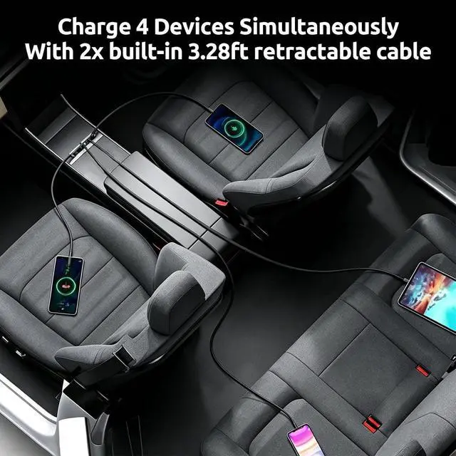 Alt view image 5 of 7 - USB Hub for Tesla Model Y/3 Center Console Charger Hub 4Port with Retractable 3.3ft 45W Type-C & 27W Lightning Fast Charging Cable/30W USB-C Port for 2025-2026Model Y Juniper/2024-2026Model 3 Highland