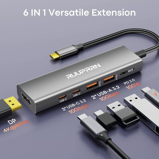 Alt view image 2 of 7 - 6-in-1 10Gbps USB C Hub with DisplayPort, USBC to DP Dongle Adapter 4K@60Hz, 2×USB-C/USB-A 3.2 Gen2x2, 100W PD Port, Type C Multiport Splitter for Laptop, MacBook Neo/Air/Pro, iPad Pro