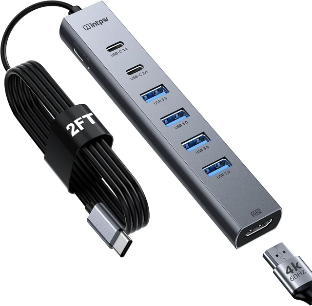 Main image of intpw USB C Hub, 8-in-1 Multiport Adapter with 4K@60Hz HDMI, 4 USB 3.0 5Gbps Ports, 2 USB-C Ports, Aluminum Type C Hub for MacBook Pro/Air, iPad, Laptop, PC