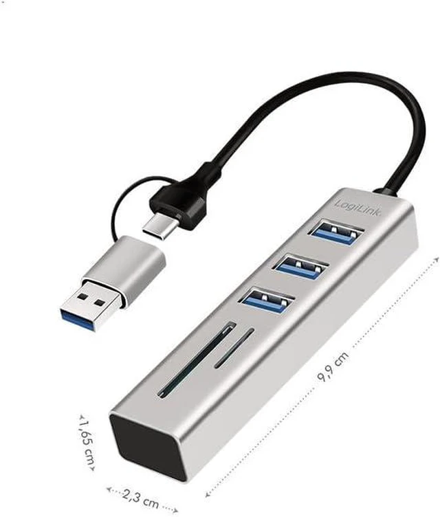 Alt view image 2 of 5 - Logilink 076790 USB 3.2 Hub 3 USB-A Ports, 2 SD/microSD Aluminium Silver Silver