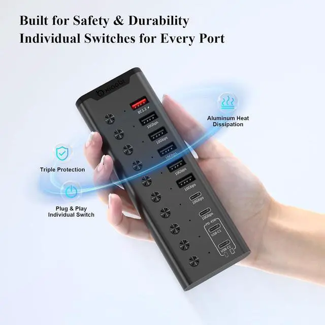 Alt view image 7 of 7 - Powered USB Hub, 10-Port USB C Hub with 6*USB-A 3.2, 4*USB-C 3.2 Ports, 2 PD 45W Charging Ports Individual Switches and 24V/3A Power Adapter, USB Extension for PC and More(Black).