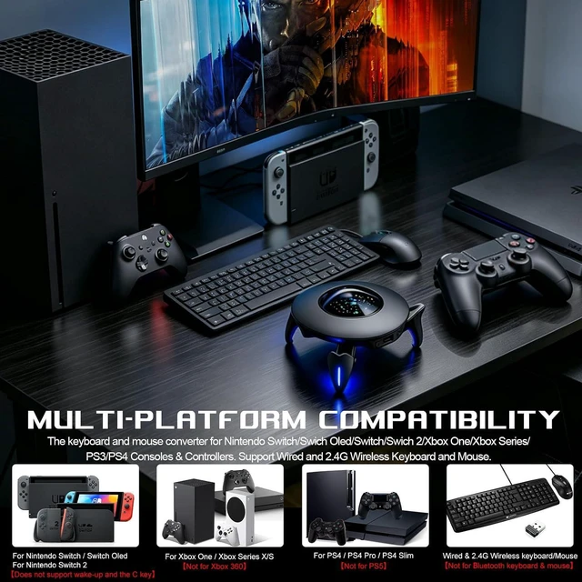Alt view image 2 of 7 - Keyboard and Mouse Adapter for Nintendo Switch/Switch 2/Xbox Series/Xbox One/PS4/PS3, Gaming Console Converter with RGB Lights, Supports Custom Keys, Sensitivity Settings, Play FPS, TPS, RPG, RTS Game