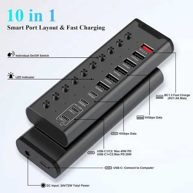 Alt view image 2 of 7 - Powered USB Hub, 10-Port USB C Hub with 6*USB-A 3.2, 4*USB-C 3.2 Ports, 2 PD 45W Charging Ports Individual Switches and 24V/3A Power Adapter, USB Extension for PC and More(Black).