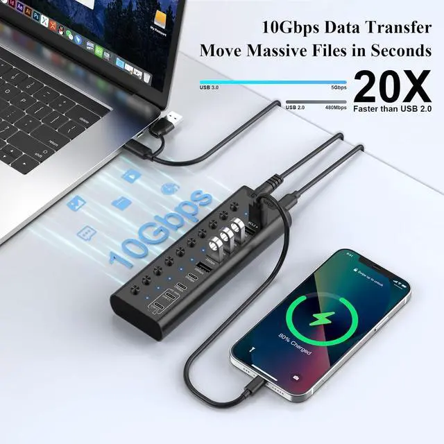 Alt view image 3 of 7 - Powered USB Hub, 10-Port USB C Hub with 6*USB-A 3.2, 4*USB-C 3.2 Ports, 2 PD 45W Charging Ports Individual Switches and 24V/3A Power Adapter, USB Extension for PC and More(Black).
