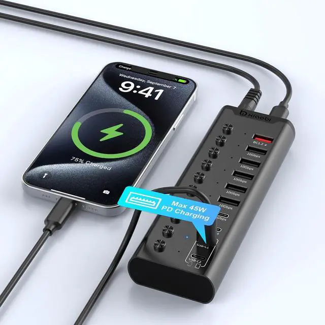 Alt view image 5 of 7 - Powered USB Hub, 10-Port USB C Hub with 6*USB-A 3.2, 4*USB-C 3.2 Ports, 2 PD 45W Charging Ports Individual Switches and 24V/3A Power Adapter, USB Extension for PC and More(Black).