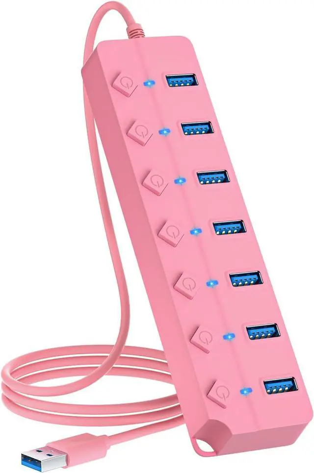Main image of ONFINIO USB Hub 3.0, 7-Port USB Hub Splitter with Individual On/Off Switches and Lights, 3.2ft/1m Long Cable Compatible with MacBook, Laptop, Surface Pro, PS4, PC, Flash Drive, Mobile HDD-Pink