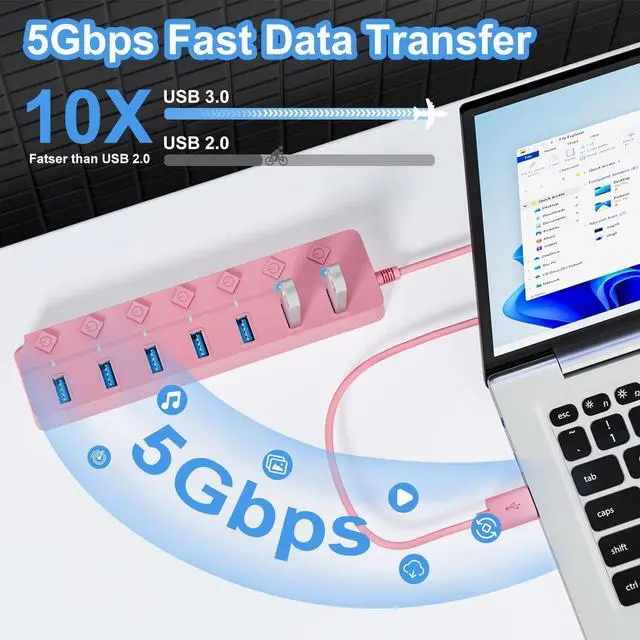 Alt view image 2 of 7 - ONFINIO USB Hub 3.0, 7-Port USB Hub Splitter with Individual On/Off Switches and Lights, 3.2ft/1m Long Cable Compatible with MacBook, Laptop, Surface Pro, PS4, PC, Flash Drive, Mobile HDD-Pink