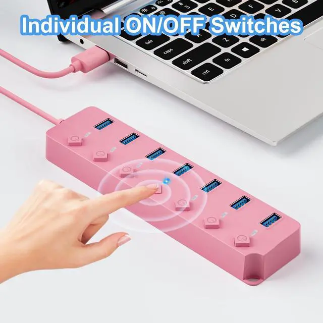 Alt view image 4 of 7 - ONFINIO USB Hub 3.0, 7-Port USB Hub Splitter with Individual On/Off Switches and Lights, 3.2ft/1m Long Cable Compatible with MacBook, Laptop, Surface Pro, PS4, PC, Flash Drive, Mobile HDD-Pink