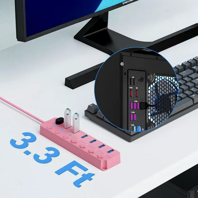 Alt view image 6 of 7 - ONFINIO USB Hub 3.0, 7-Port USB Hub Splitter with Individual On/Off Switches and Lights, 3.2ft/1m Long Cable Compatible with MacBook, Laptop, Surface Pro, PS4, PC, Flash Drive, Mobile HDD-Pink