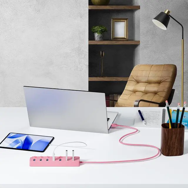 Alt view image 7 of 7 - ONFINIO USB Hub 3.0, 7-Port USB Hub Splitter with Individual On/Off Switches and Lights, 3.2ft/1m Long Cable Compatible with MacBook, Laptop, Surface Pro, PS4, PC, Flash Drive, Mobile HDD-Pink