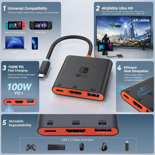 Alt view image 4 of 7 - Switch 2 Dock for TV, HDMI 2.0 4K@60Hz HDR Docking Station for Nintendo Switch 2/OLED/Steam Deck/ROG Ally, USB C to HDMI Adapter with 100W PD 3.0 Fast Charging & USB3.0, Portable Travel Dock