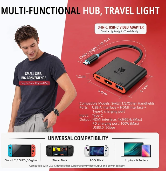 Alt view image 6 of 7 - Switch 2 Dock for TV, HDMI 2.0 4K@60Hz HDR Docking Station for Nintendo Switch 2/OLED/Steam Deck/ROG Ally, USB C to HDMI Adapter with 100W PD 3.0 Fast Charging & USB3.0, Portable Travel Dock