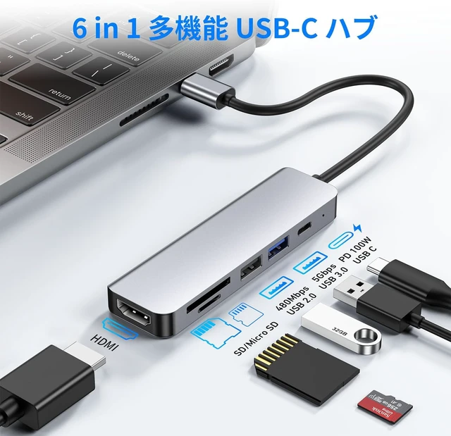 Alt view image 2 of 7 - USB C Hub Adapter 6-in-1 HDMI Type C Hub with 4K HDMI Port + PD 100W Fast Charge + 2 USB 3.0 Ports + SD & TF Card Slots for Home Work No Setup Fast Data Transfer USB C HDMI Hub Compatible with MacBook