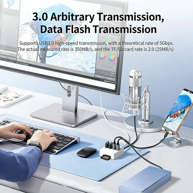 Alt view image 5 of 7 - ordinarYone USB Type C Multiport Hubs with 4 USB3.0 Port Card Readers Double 3.5mm 5Gbps Data Transfer for Multiple Devices