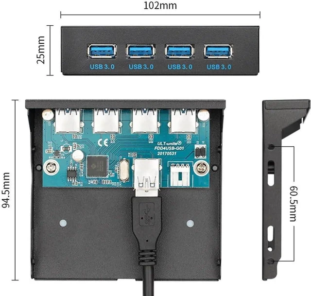 Alt view image 5 of 5 - USB 3.0 HUB 4 Ports HUB Front Panel to Motherboard 20Pin 19Pin Header Connector Cable Compatible for 5.25" CD-ROM Bay