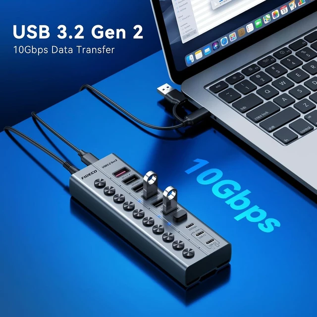Alt view image 2 of 7 - FIDECO 10-Port 72W Powered USB Hub 10Gbps, USB 3.2 Hub with PD 45W Charging