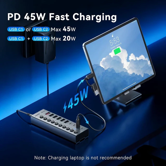 Alt view image 3 of 7 - FIDECO 10-Port 72W Powered USB Hub 10Gbps, USB 3.2 Hub with PD 45W Charging