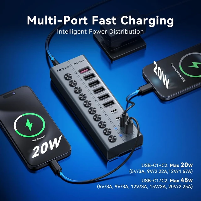 Alt view image 4 of 7 - FIDECO 10-Port 72W Powered USB Hub 10Gbps, USB 3.2 Hub with PD 45W Charging
