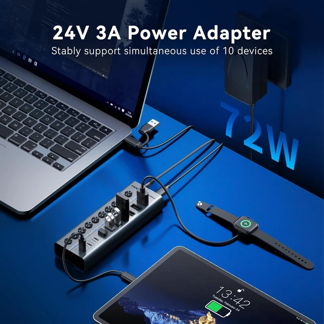 Alt view image 5 of 7 - FIDECO 10-Port 72W Powered USB Hub 10Gbps, USB 3.2 Hub with PD 45W Charging