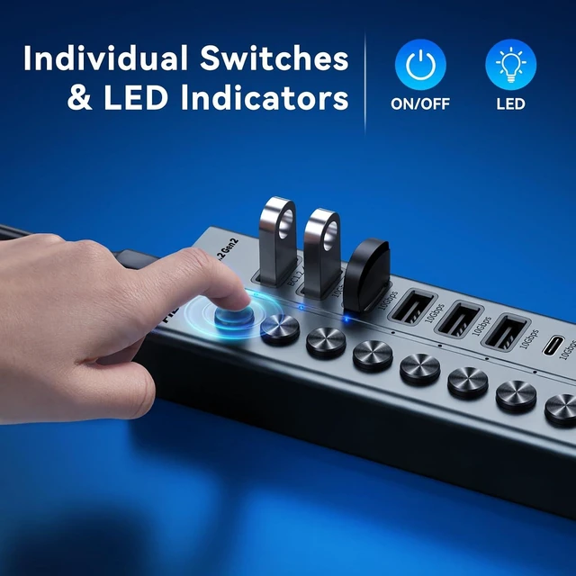 Alt view image 6 of 7 - FIDECO 10-Port 72W Powered USB Hub 10Gbps, USB 3.2 Hub with PD 45W Charging