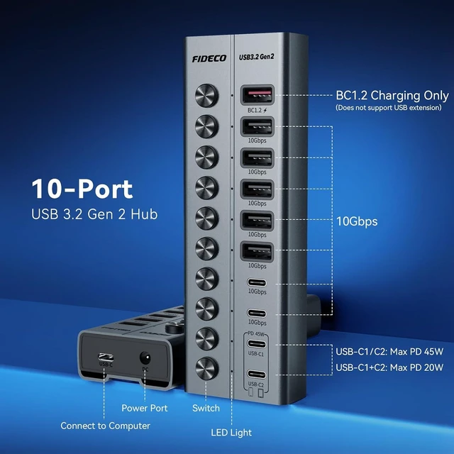 Alt view image 7 of 7 - FIDECO 10-Port 72W Powered USB Hub 10Gbps, USB 3.2 Hub with PD 45W Charging